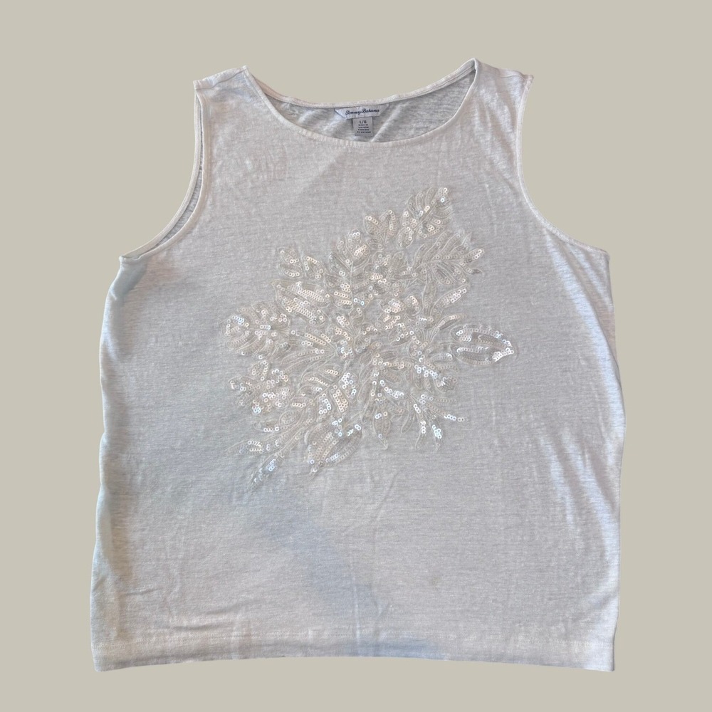 Tommy Bahama Sequined Floral Tank Top L White Linen Blend Sleeveless